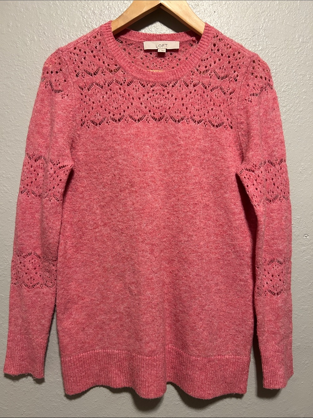 LOFT Pink Openwork Yoke Crewneck Sweater